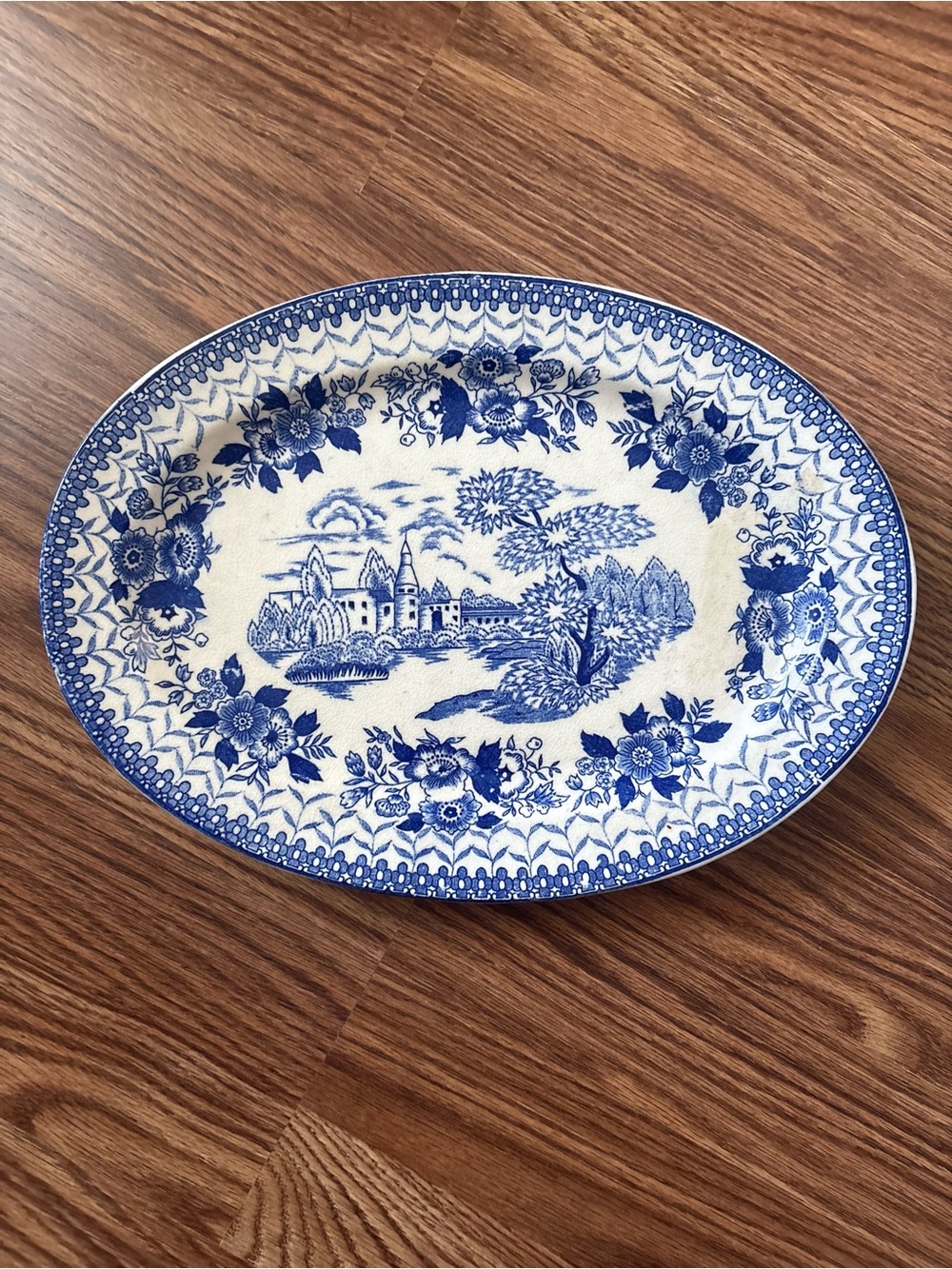 Decorative Blue and White Oval Plate